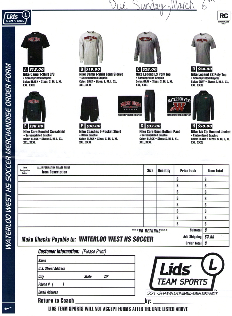 order your 2011 wahawk boys soccer apparel now apparel order form