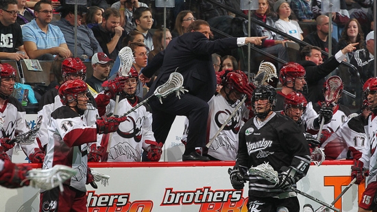 Colorado coach Bob Hamley (center) has led the Mammoth to a 5-0 start after an 11-7 win over Edmonton Saturday night at Pepsi Center. (Photo Credit: Michael Martin)
