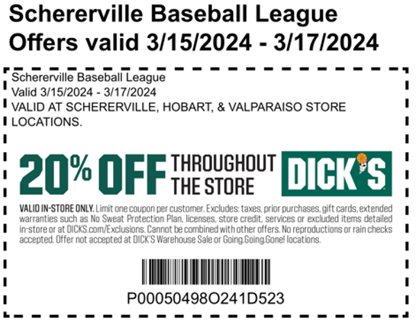 Schererville Baseball League 20% Off At Dicks Sporting Goods