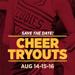 Maroon-tinted image of cheerleader uniform close up. Graphic: Save the date! Cheer Tryouts Aug 14-15-16