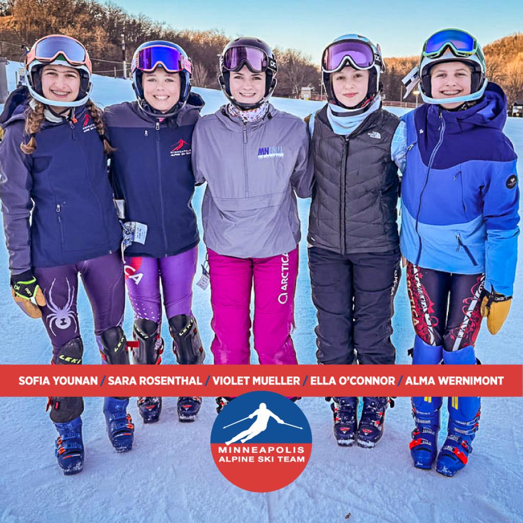 Image of Minneapolis Alpine Skiers Sofia Younan / Sara Rosenthal / Violet Mueller / Ella O’connor / Alma Wernimontposing together on the slope after the Section IV race