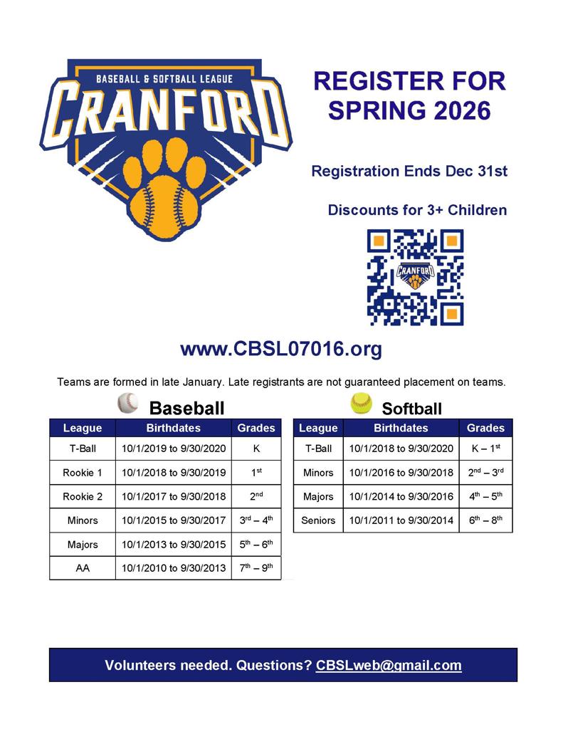 Cranford Spring 2026 Registration