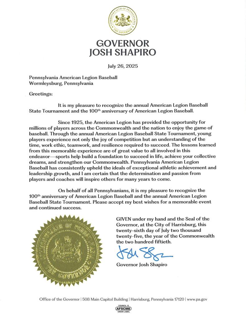 Governors Recognition of PA American Legion Baseball