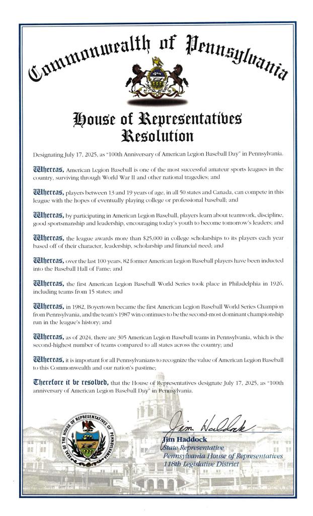 Commonwealth of Pennsylvania House Resolution on American Legion Baseball