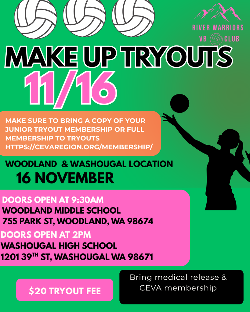 14U Make up tryouts November 16 Woodland & Washougal