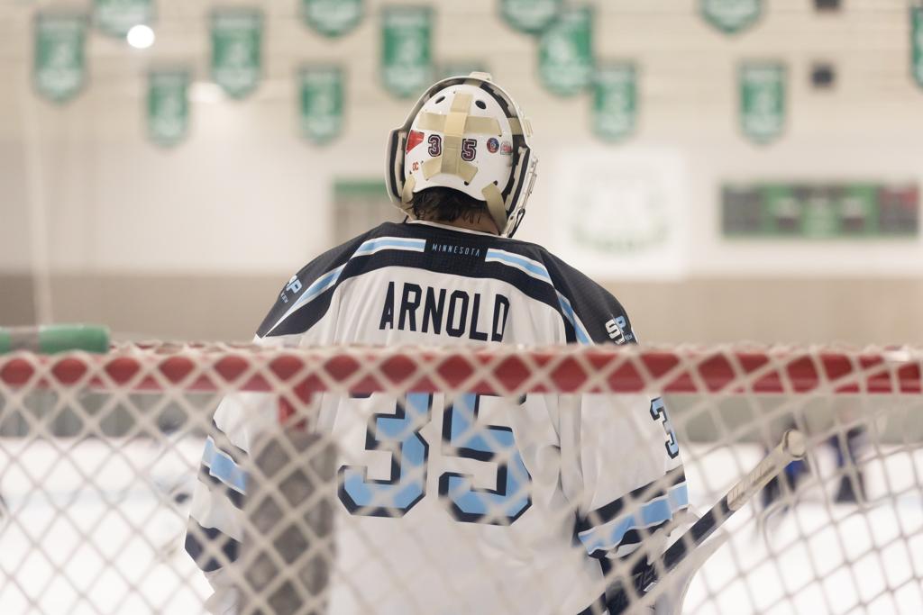 Goalie Will Arnold #35 holds a shutout with 18 SOG for the SDP's 4-0 win over ProHybrid.