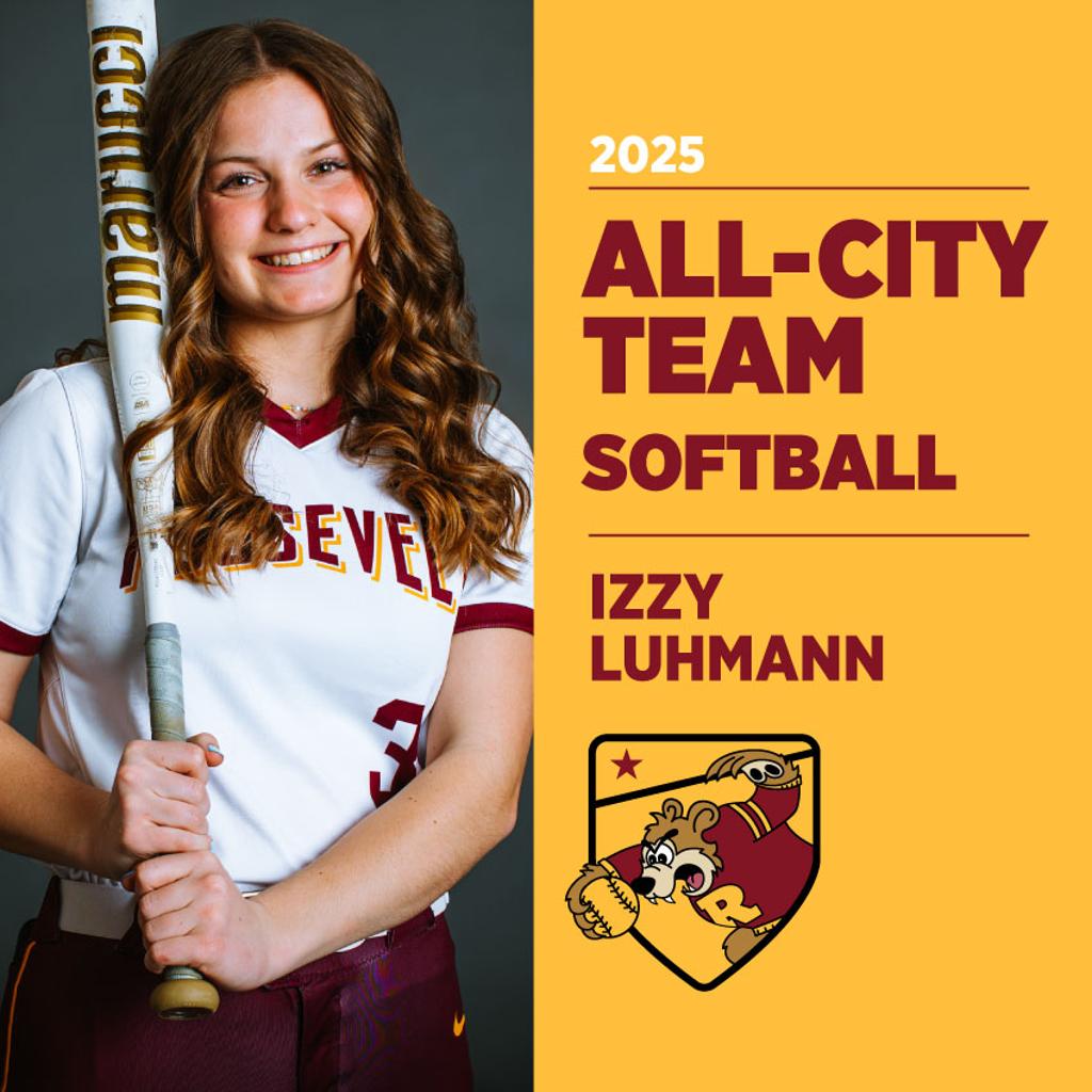 Image of Minneapolis Roosevelt High School Baseball player posing for camera with graphic: 2025 All-Conference Team Softball Izzy Luhmann