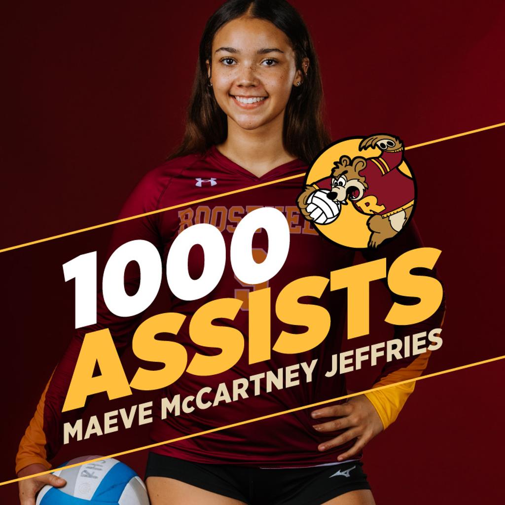 Photo of Maeve McCartney-Jeffries posing with a volleyball during Media Day. Graphic: 1000 Assists