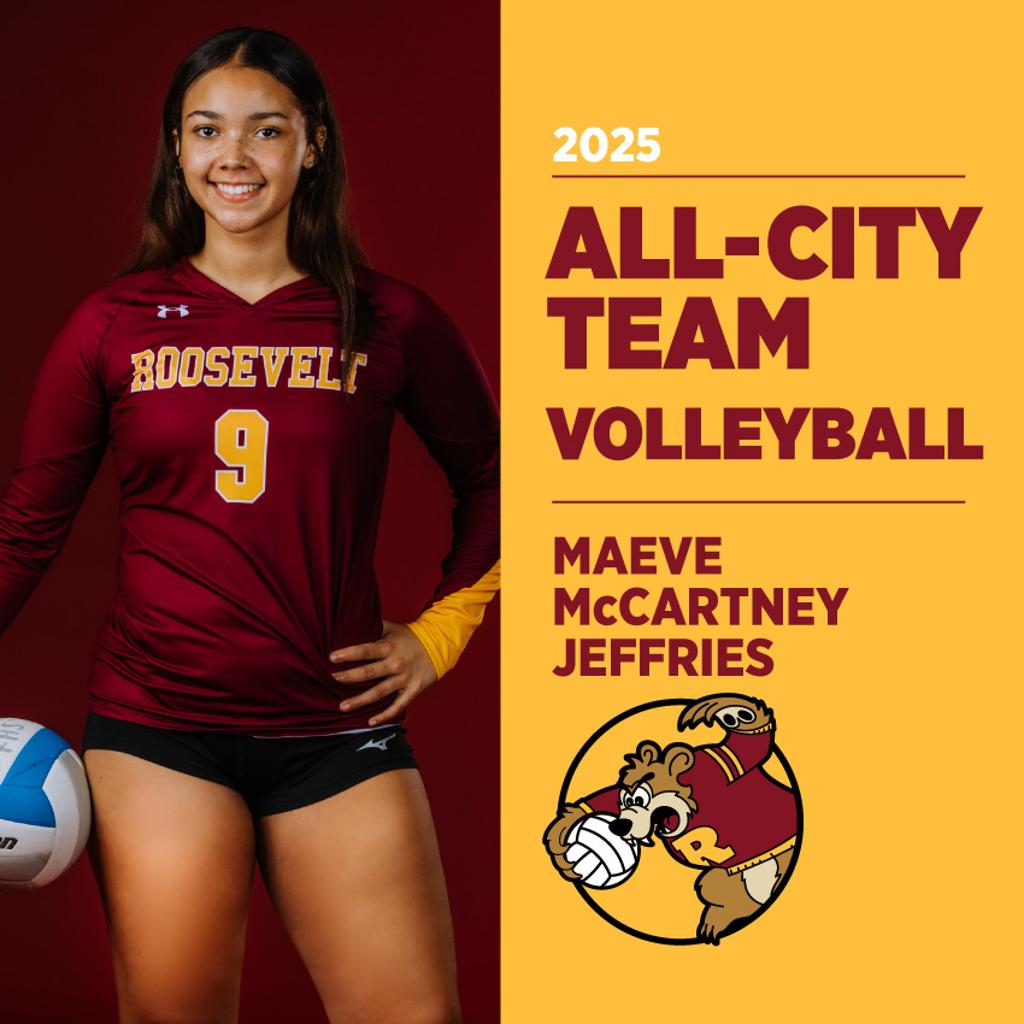 Image: Minneapolis Roosevelt High School Volleyball player posing for camera with graphic: 2025 All-Conference Team Volleyball Maeve McCartney Jeffries
