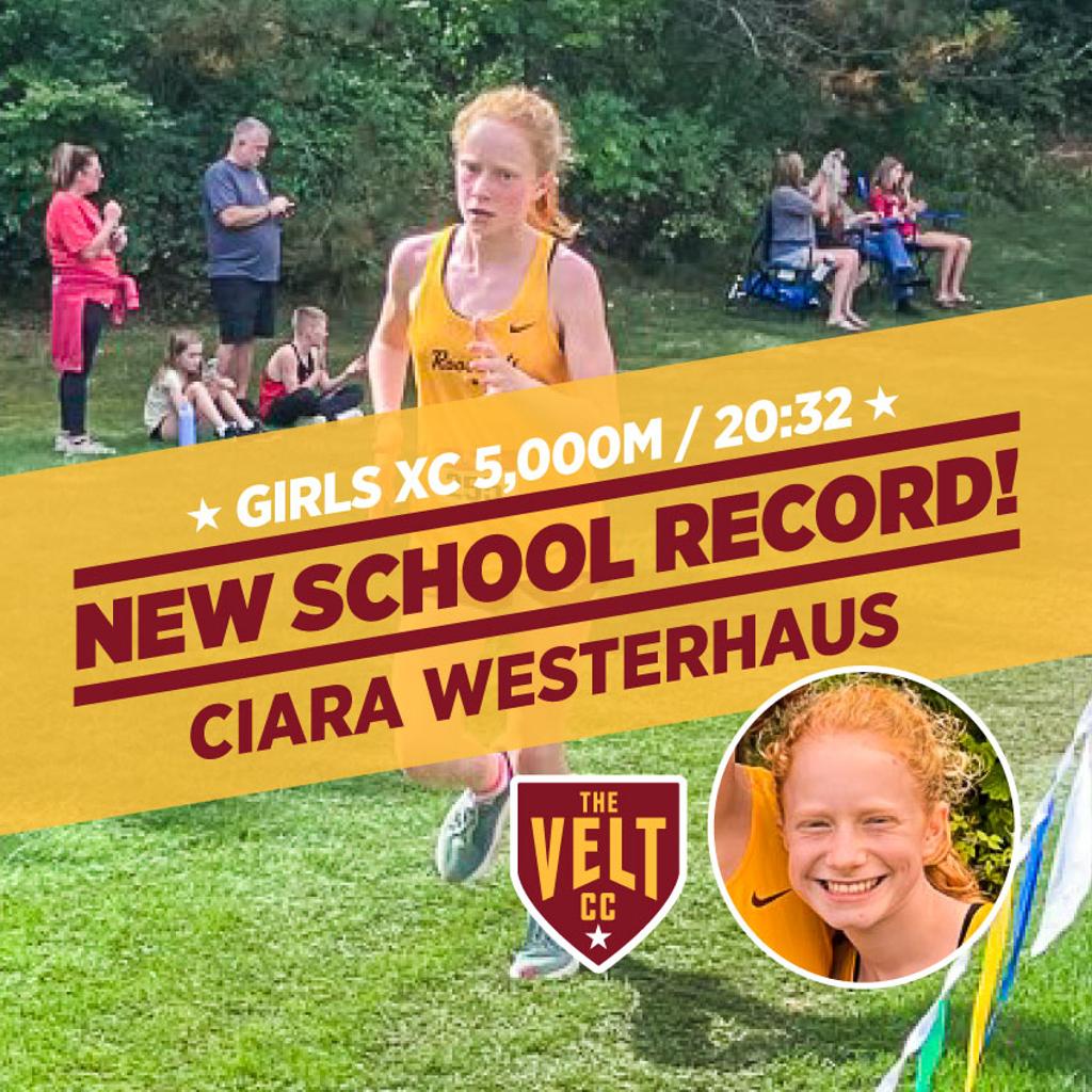 Image of Minneapolis Roosevelt cross country runner Ciara Westerhaus running during a meet. Graphic: New School Record