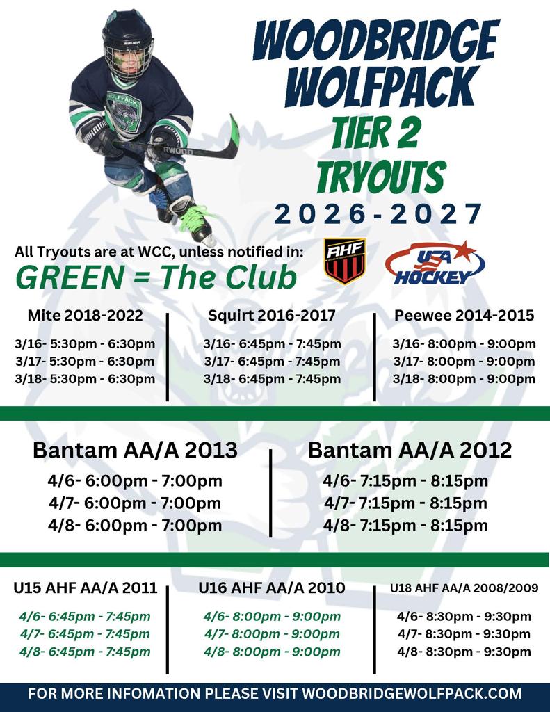 Wolfpack 26-27 Season TIER II TRYOUT Schedule & Signup