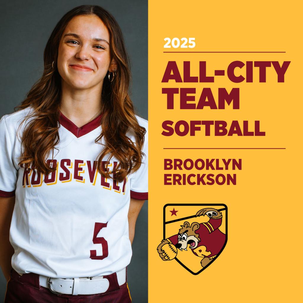 Image of Minneapolis Roosevelt High School Baseball player posing for camera with graphic: 2025 All-Conference Team Softball Brooklyn Erickson