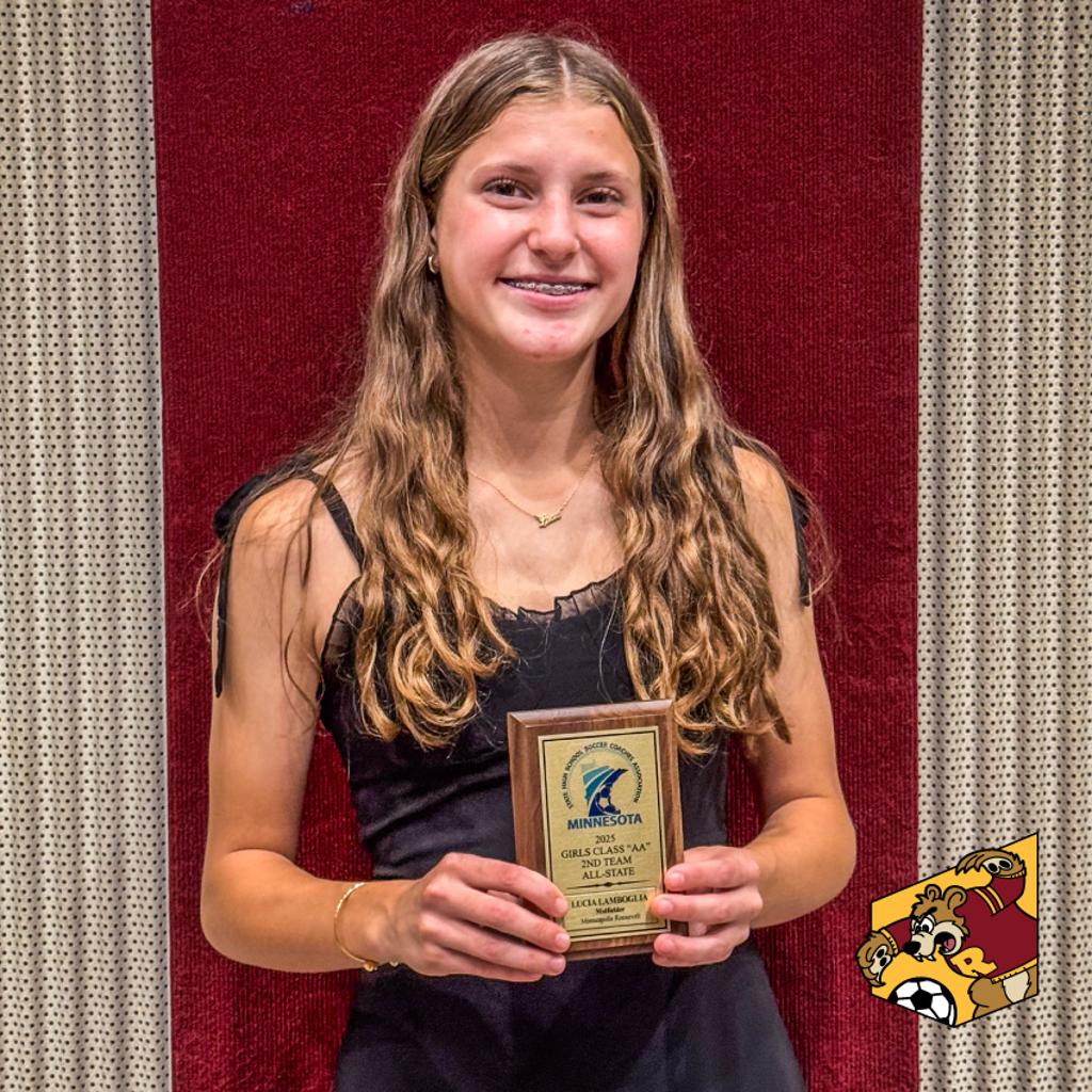 Image of Minneapolis Roosevelt High School Teddy Girls Soccer player Lucia Lamboglia holding her All-State 2nd Team plaque