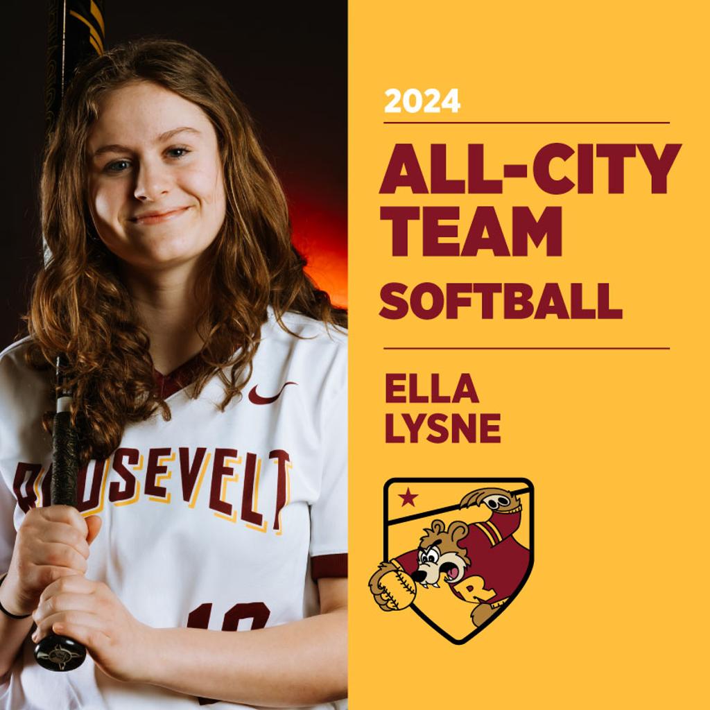 Image of Minneapolis Roosevelt High School Baseball player posing for camera with graphic: 2024 All-Conference Team Softball Ella Lysne