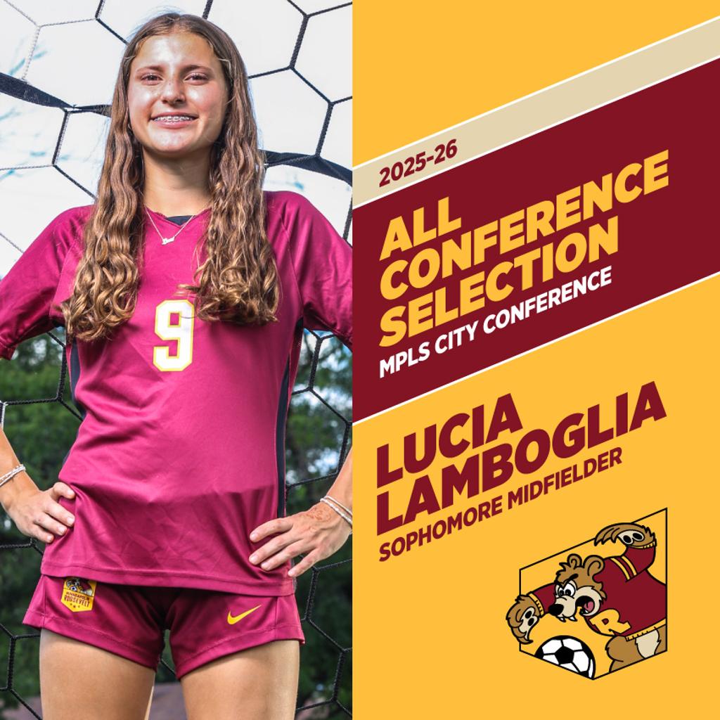 Image of Minneapolis Roosevelt High School Teddy Soccer player Lucia Lamboglia posing for the camera while holding a soccer ball. Graphic: 2025-26 All Conference Selection, Mpls City Conference, Lucia Lamboglia 