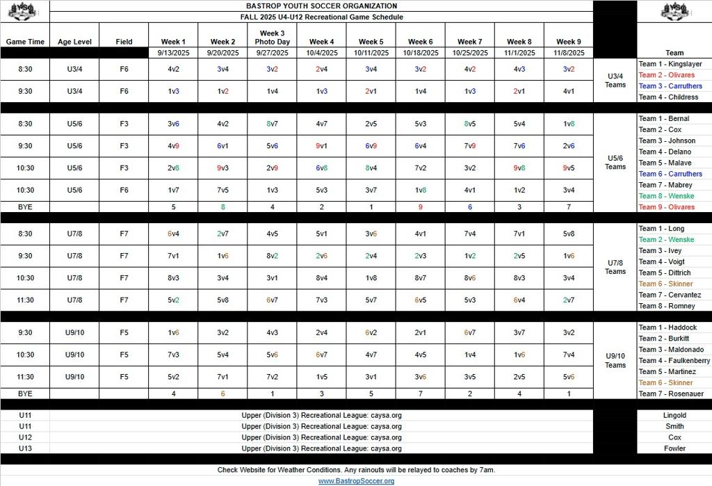 Fall 25 Game Schedule