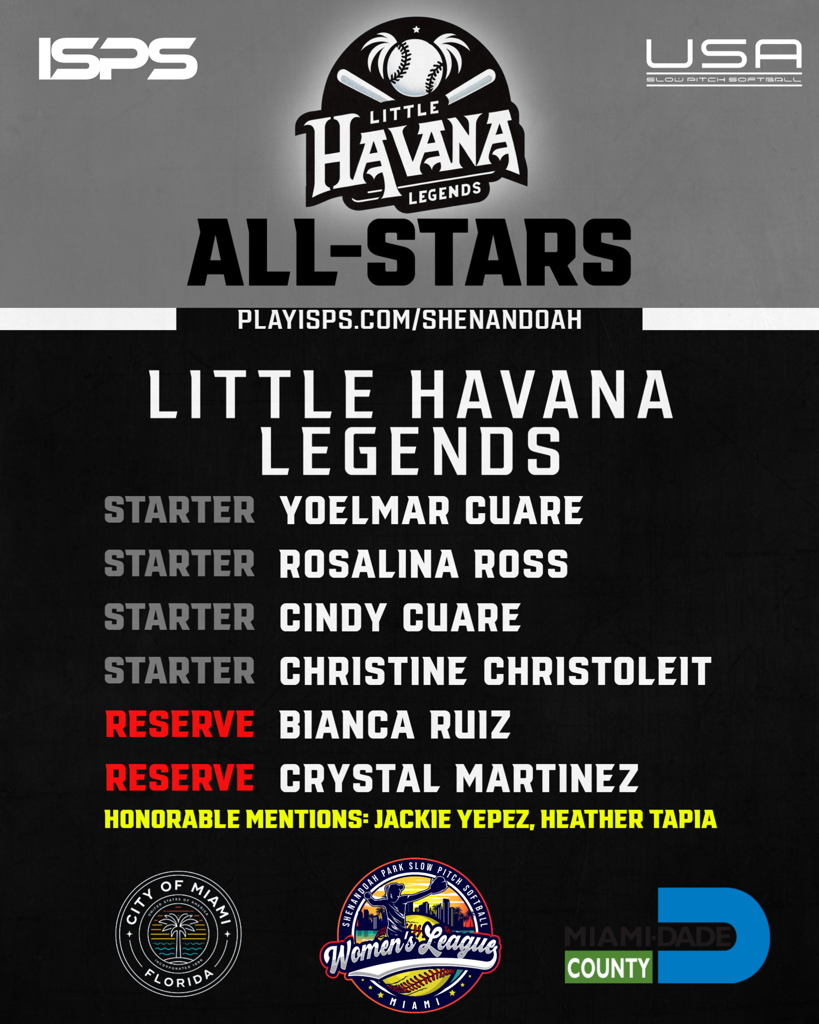 LITTLE HAVANA LEGENDS - ALLSTARS SHENANDOAH PARK WOMEN'S LEAGUE ISPS LITTLE HAVANA LEGENDS - ALLSTARS SHENANDOAH PARK WOMEN'S LEAGUE ISPS