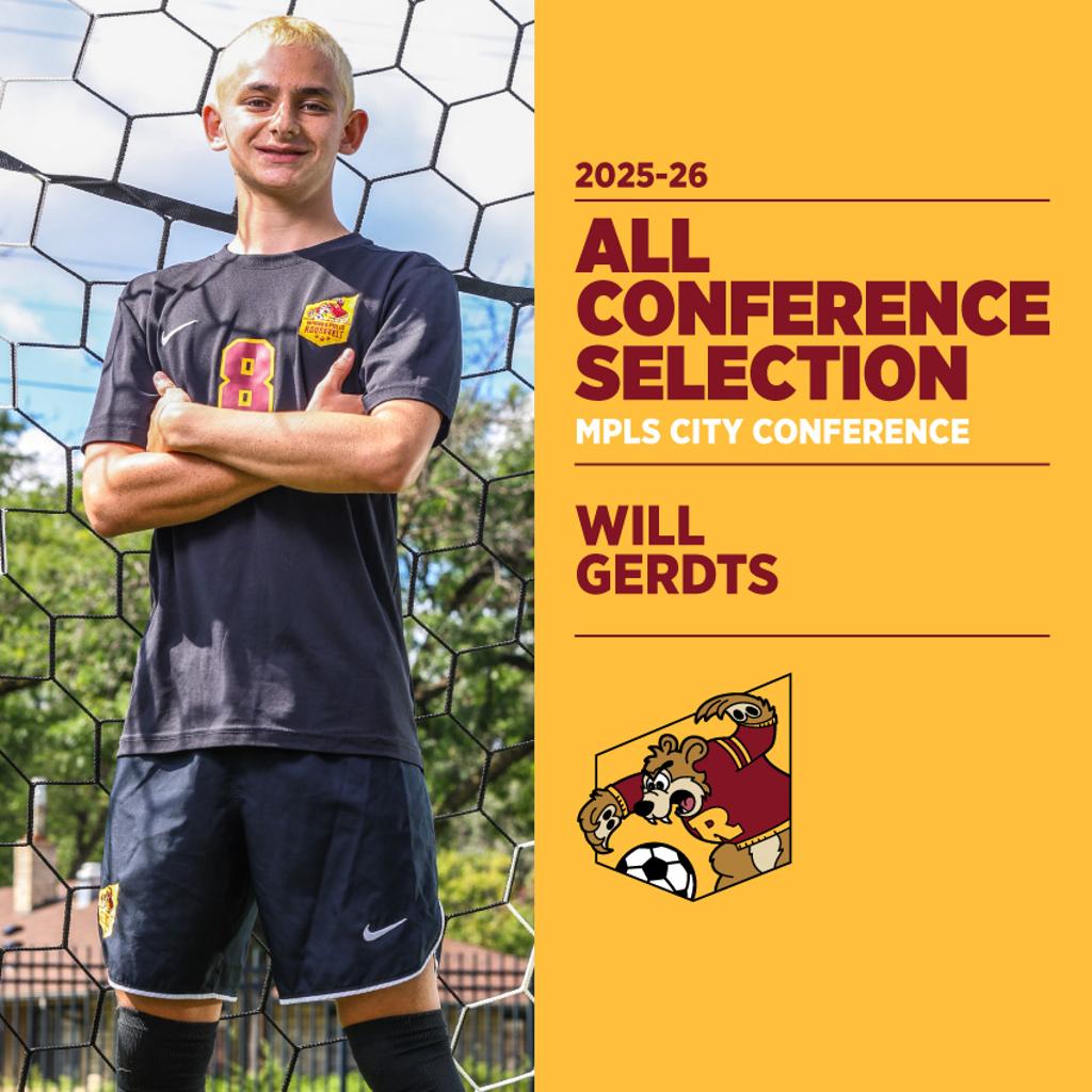 Image of Minneapolis Roosevelt High School Teddy Soccer player Will Gerdts posing for the camera while holding a soccer ball. Graphic: 2025-26 All Conference Selection, Mpls City Conference, Will Gerdts