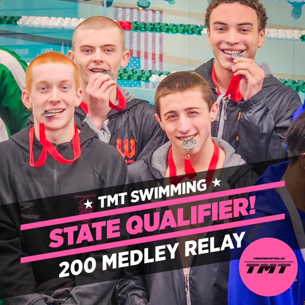 Graphic: TMT Swimming State Qualifier! 200 Medley Relay.
