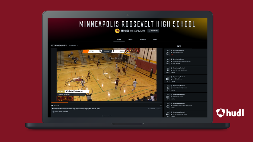 Image of a laptop computer. On the screen is the Minneapolis Roosevelt High School athletics HUDL streaming page featuring a live stream of a basketball game.