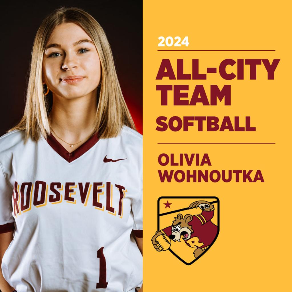 Image of Minneapolis Roosevelt High School Baseball player posing for camera with graphic: 2024 All-Conference Team Softball Olivia Wohnoutka