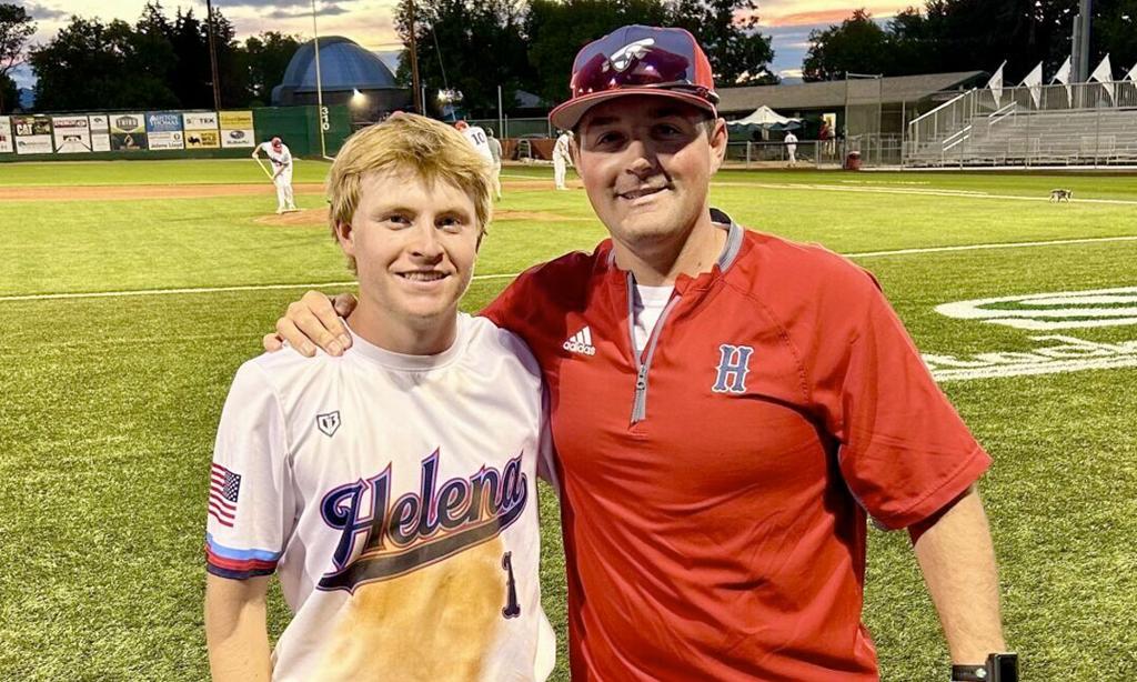   Helena Senators shortstop Walker DesRosier (left) broke assistant coach Anthony Hogan's 2009 regular-season runs scored program record Saturday night during a six-inning 11-1 conference victory over Medicine Hat. DesRosier has scored 89 runs and countin