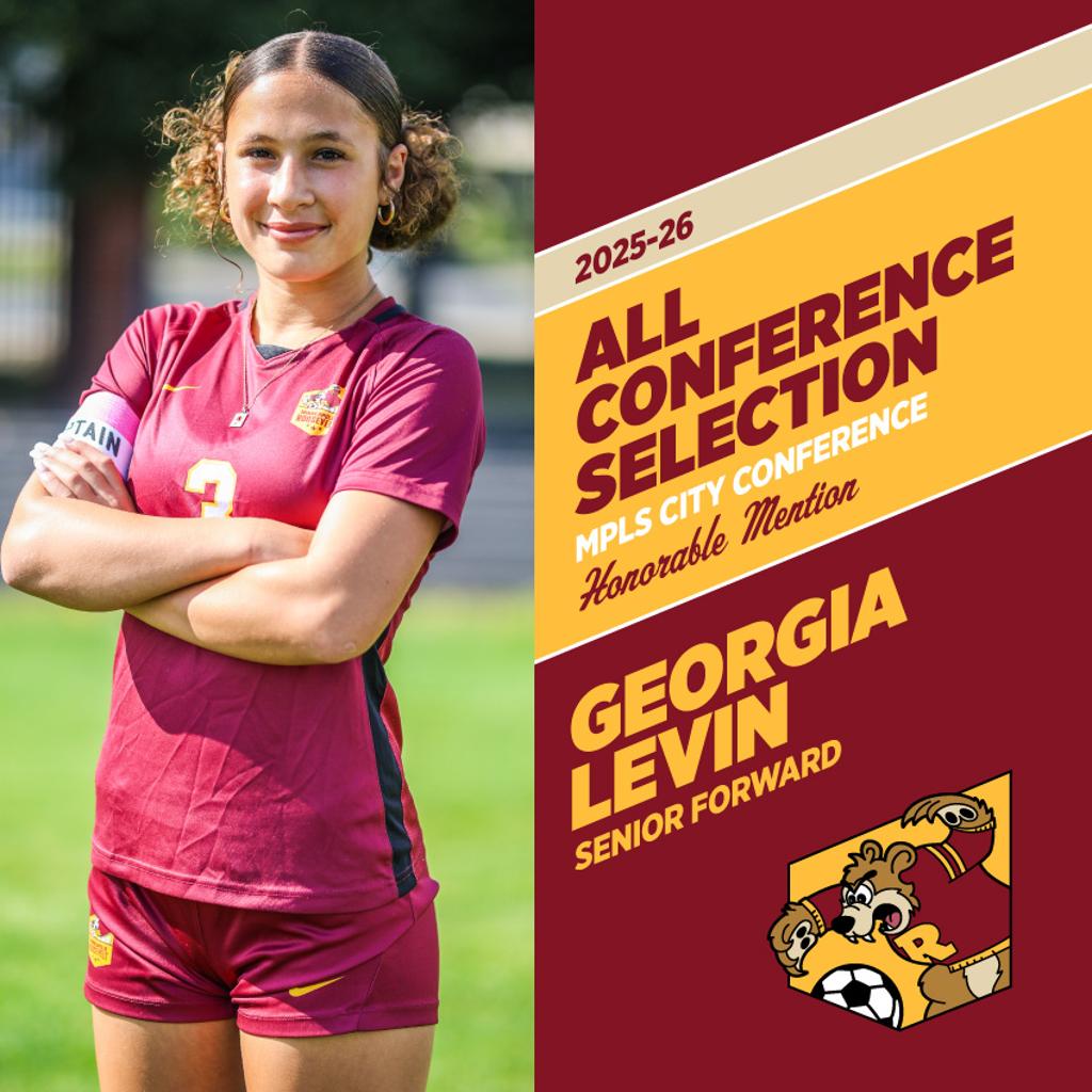 Image of Minneapolis Roosevelt High School Teddy Soccer player Georgia Levin posing for the camera while holding a soccer ball. Graphic: 2025-26 All Conference Selection-Honorable Mention, Mpls City Conference, Georgia Levin 