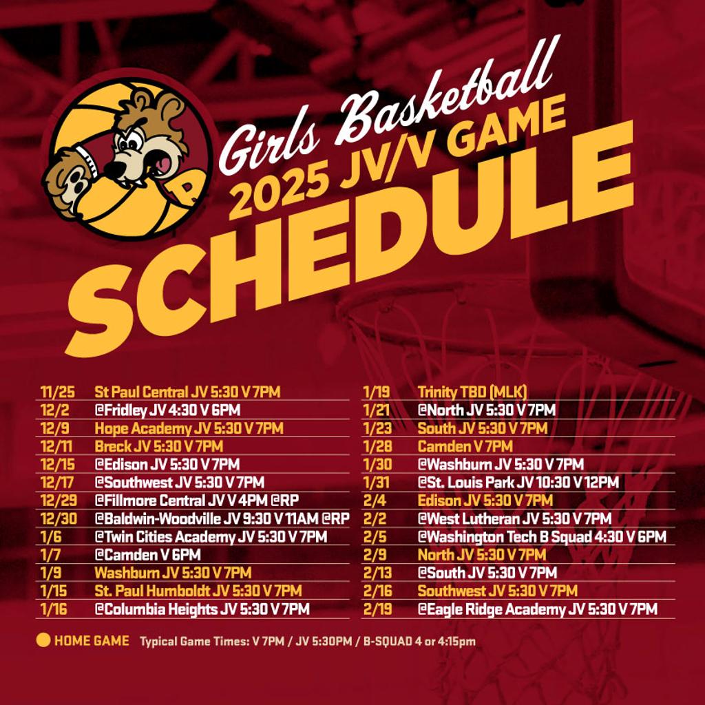Graphic: Girls Basketball 2025-26 Varsity Game Schedule