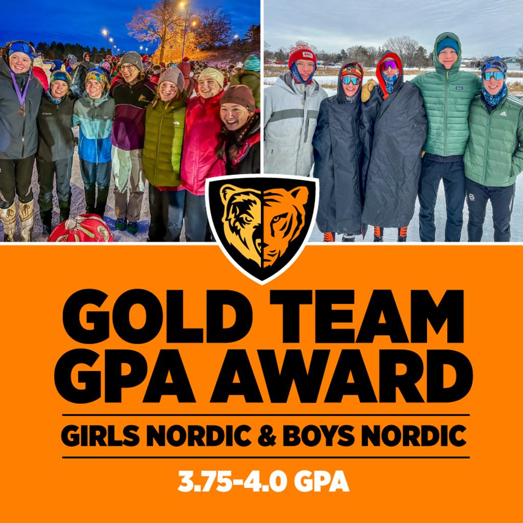 Graphic: Gold Team GPA Award. Girls Nordic & Boys Nordic. 3.75-4.0 GPA