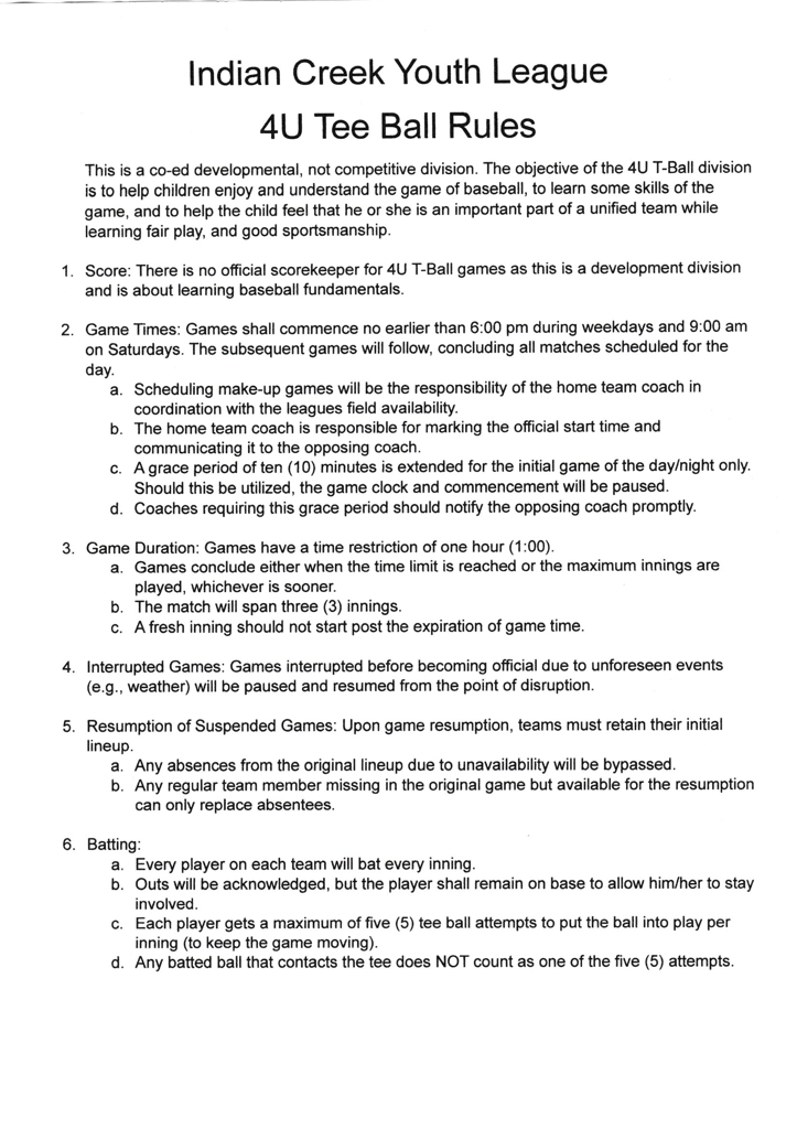 4U Tee Ball Rules Photos Indian Creek Youth League