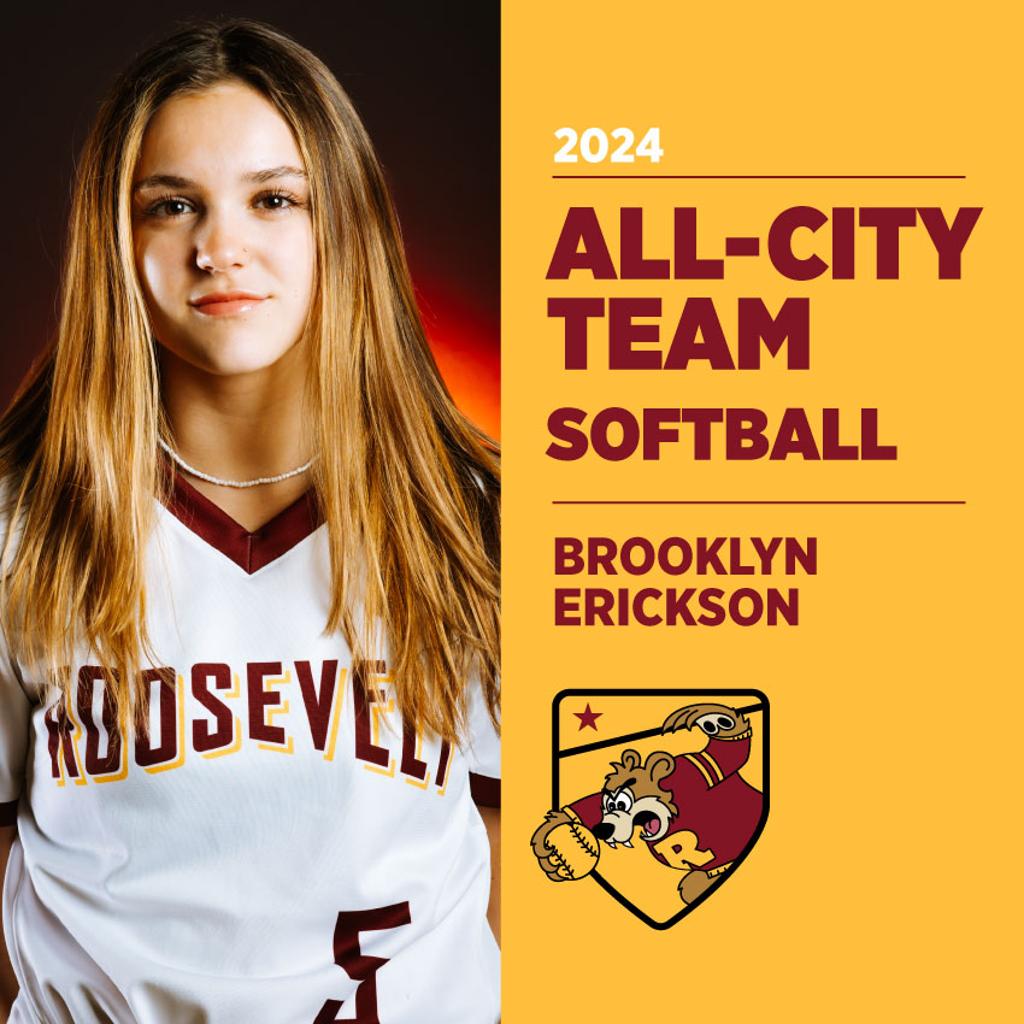 Image of Minneapolis Roosevelt High School Baseball player posing for camera with graphic: 2024 All-Conference Team Softball Brooklyn Erickson