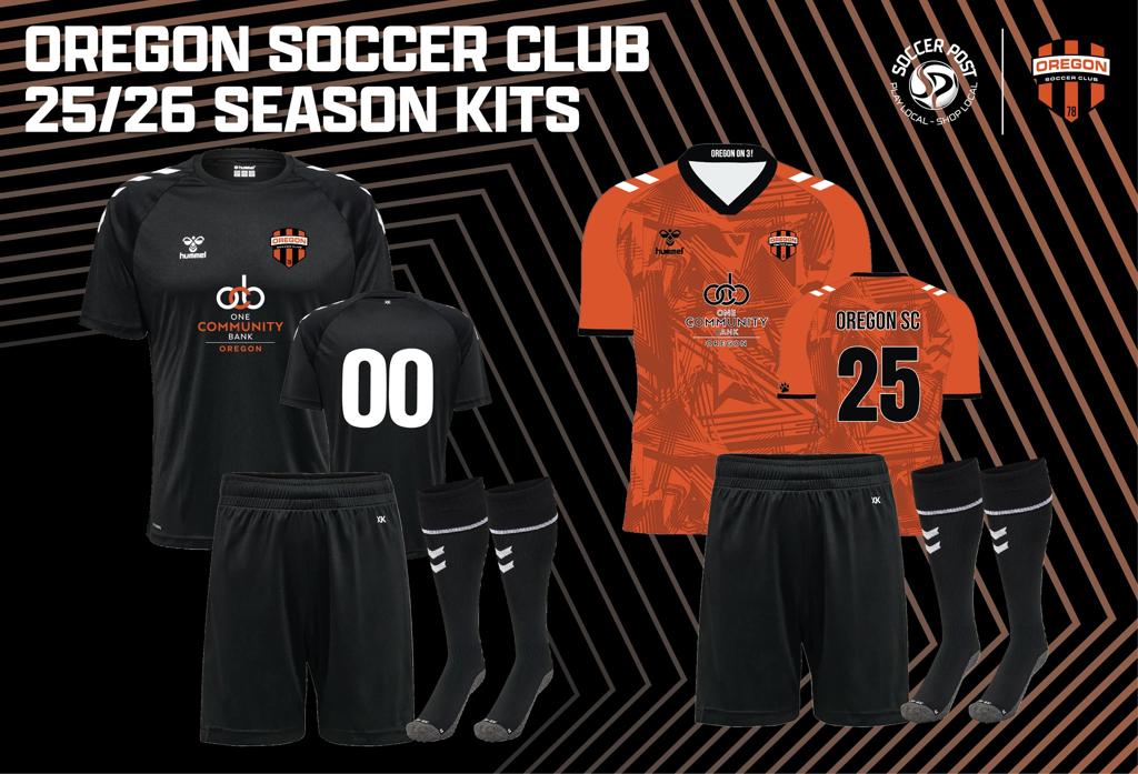 A black Oregon SC soccer jersey and an orange jersey, made by hummel, with One Community Bank logos on each