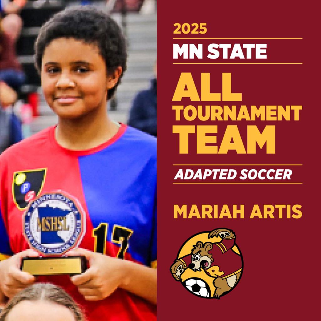 Image: Teddy Adapted Soccer player Mariah Artis poses with her State Tournament medal and trophy. Graphic: All-Tournament Team