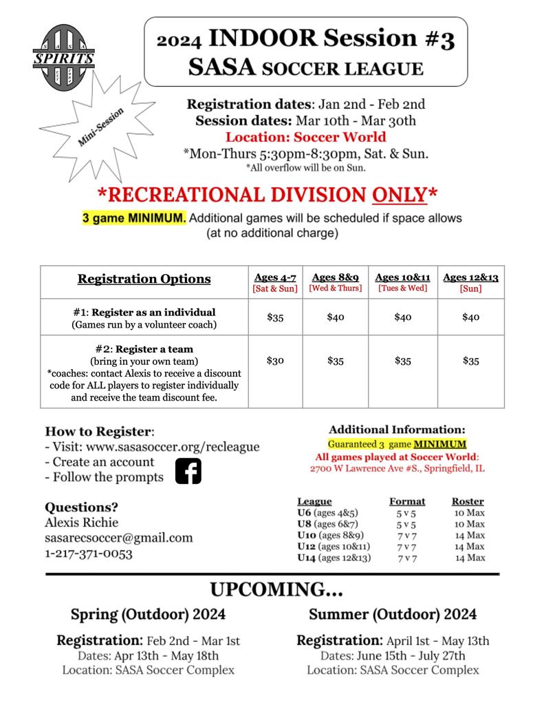 SASA Rec Indoor 3 Springfield Area Soccer Association