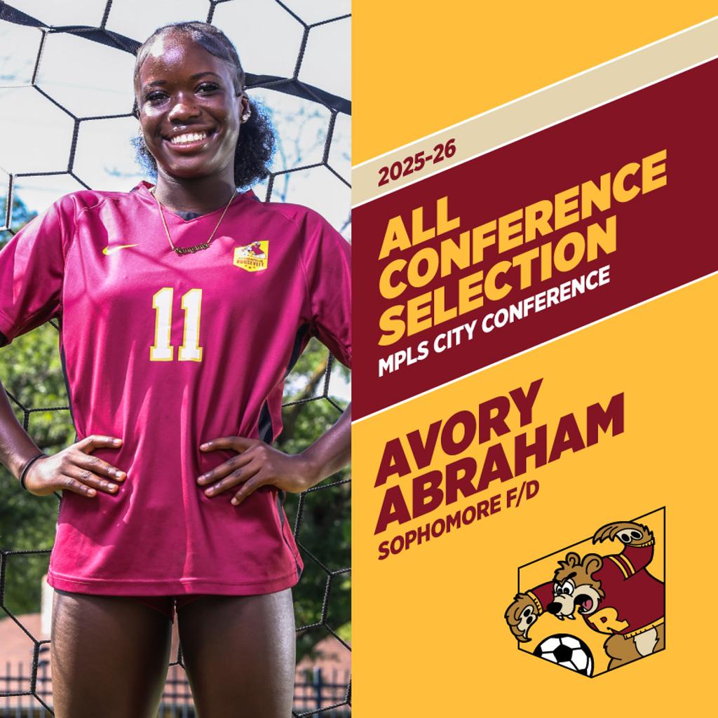Image of Minneapolis Roosevelt High School Teddy Soccer player Avory Abraham posing for the camera while holding a soccer ball. Graphic: 2025-26 All Conference Selection, Mpls City Conference, Avory Abraham