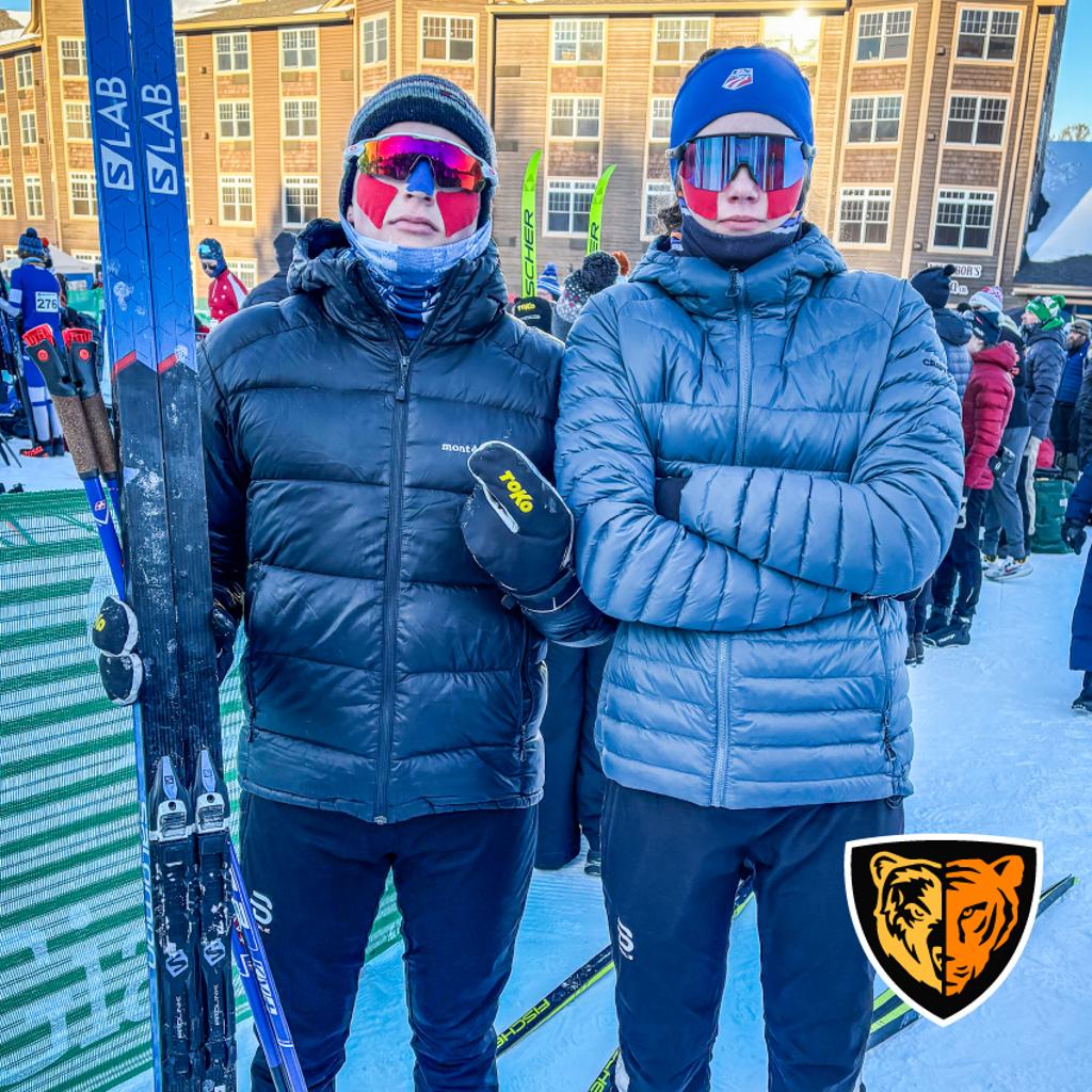 TNT Nordic Skiers Dylan West and Mila Beitz posing for the camera at State