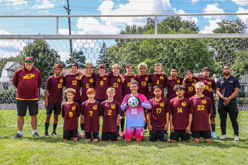 Image of Minneapolis Roosevelt B-Squad Soccer team grouped together for a team photo at Al Gowans Stadium