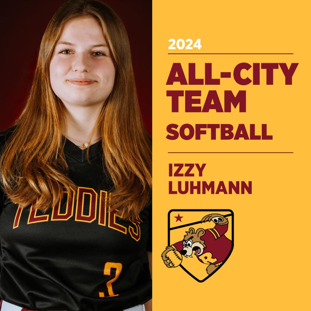 Image of Minneapolis Roosevelt High School Baseball player posing for camera with graphic: 2024 All-Conference Team Softball Izzy Luhmann