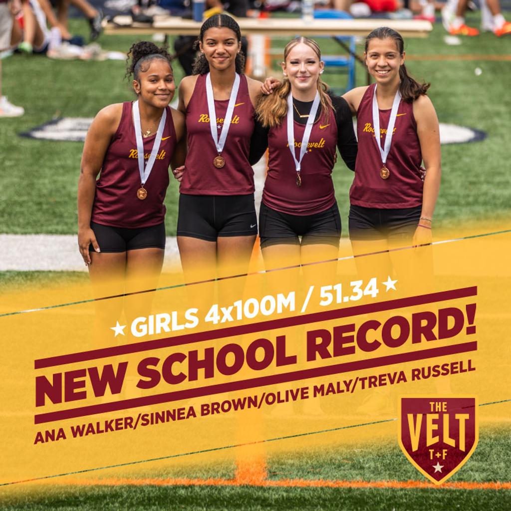 Image of Minneapolis Roosevelt 4x100m relay team posing with their medals at the Section 3AA finals