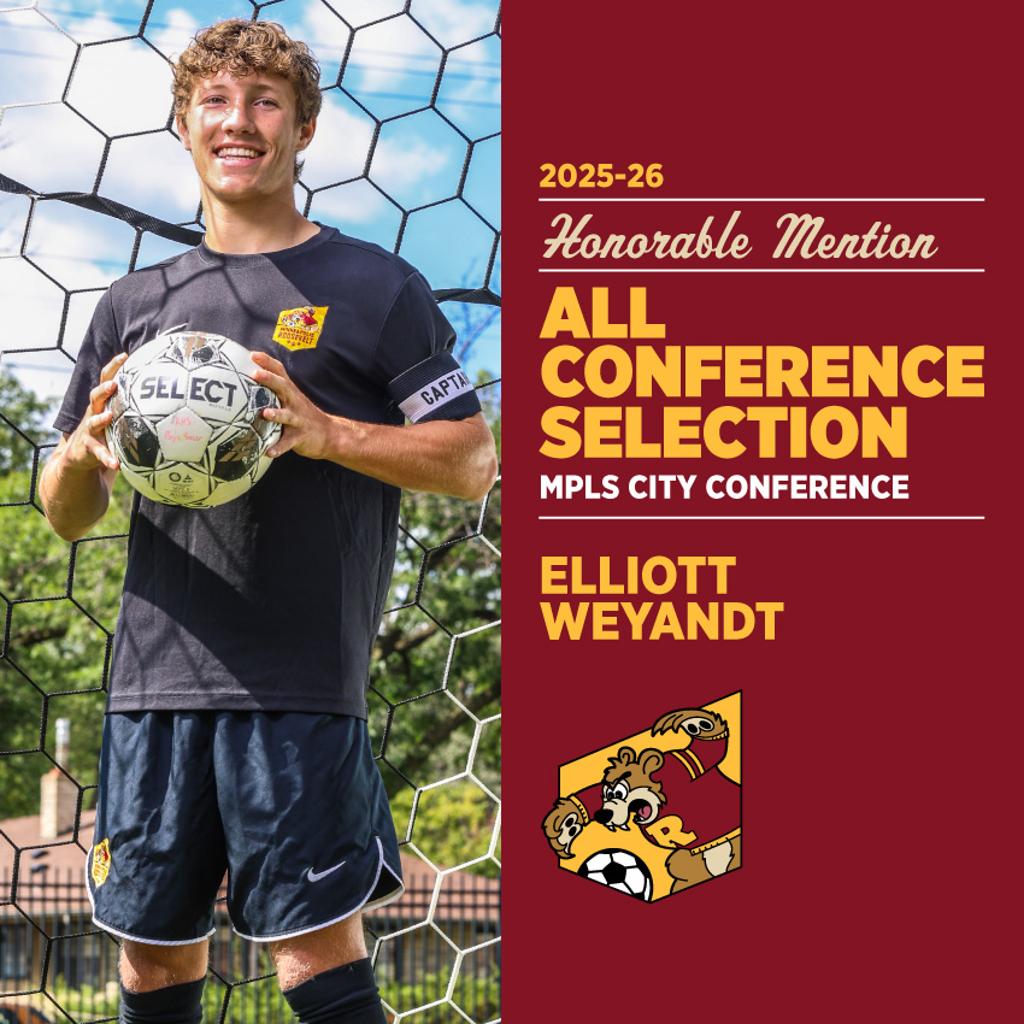 Image of Minneapolis Roosevelt High School Teddy Soccer player Elliott Weyandt posing for the camera while holding a soccer ball. Graphic: 2025-26 All Conference Selection, Mpls City Conference, Elliott Weyandt 