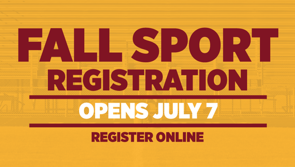 Gold-tinted image of Minneapolis Roosevelt High School’s bleachers at Al Gowans Stadium. Graphic on top: Fall Sport Registration opens July 7, register online
