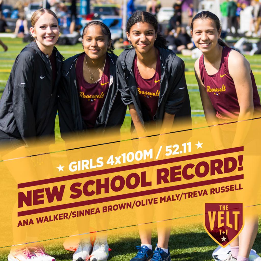 Image of Minneapolis Roosevelt sprinters Olive Maly, Ana Walker, Sinnea Brown & Treva Russell at the Mpls City Relays