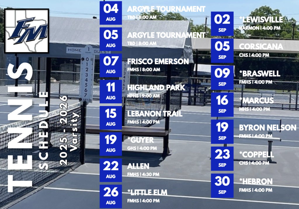 FMHS Varsity Team Tennis Schedule Fall 2025 
