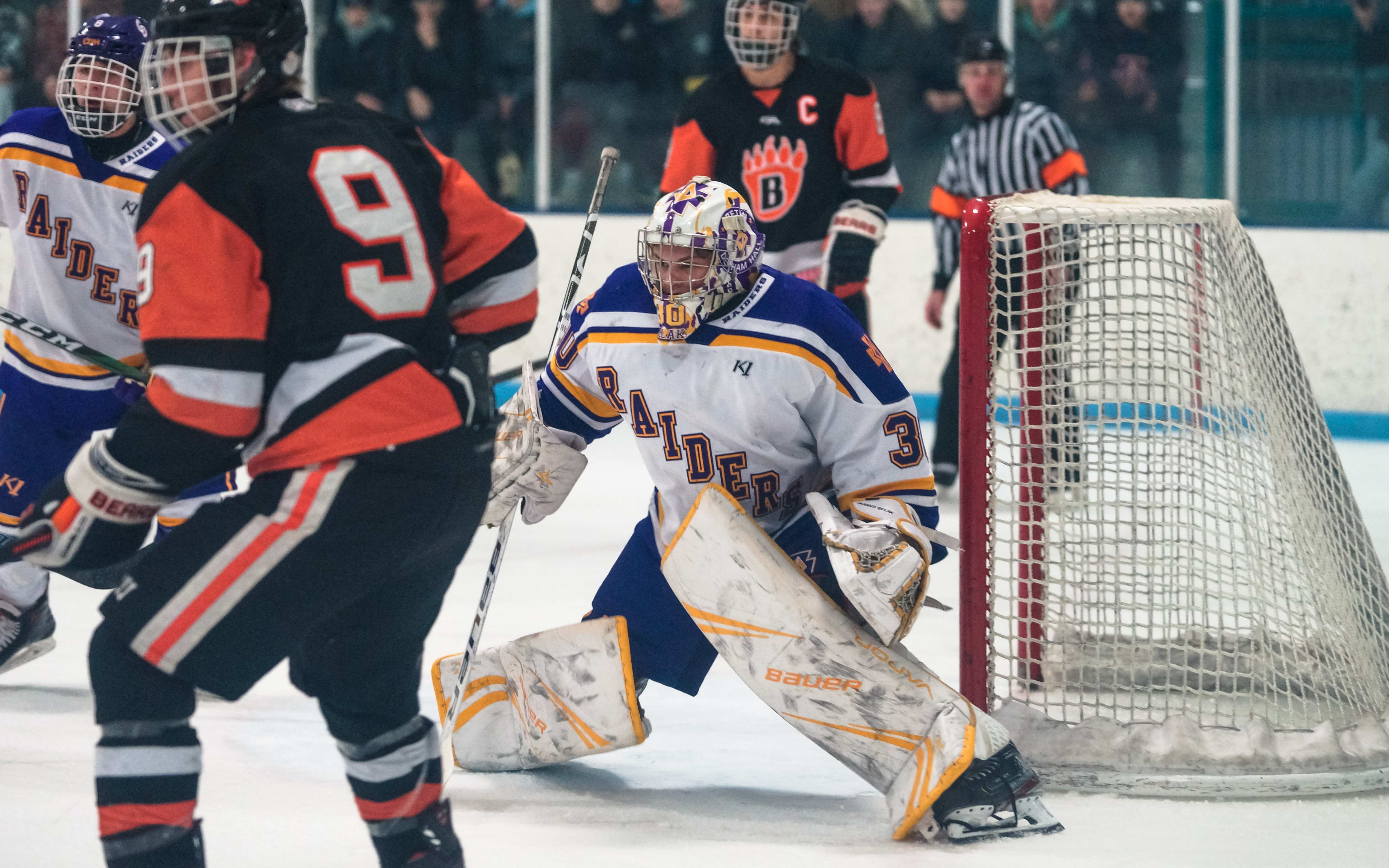 Raiders goalie Marko Belak faced a buzzing first-period attack from White Bear Lake and settled in, allowing just one goal in his team's Suburban East Conference victory. Photo by Korey McDermott, SportsEngine