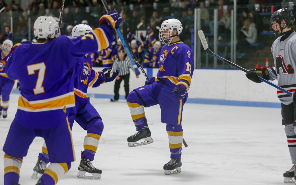 Cloquet's Gavin Rasmussen celebrates his second-period goal against Lakeville North. The Lumberjacks fell to the Panthers in overtime, 3-2. Photo by Jeff Lawler, SportsEngine