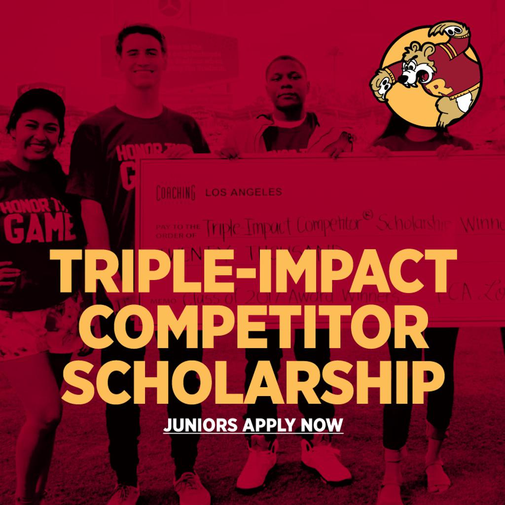 Image of Scholarship winners holding a giant check at a Los Angeles Dodgers game. The check is made out to Triple-Impact Competitor Scholarship winners for $20,000. The photo is tinted maroon and has gold block letters superimposed over the top: Triple-Im