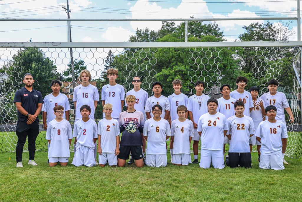 Image of Minneapolis Roosevelt B-Squad2 Soccer team grouped together for a team photo at Al Gowans Stadium