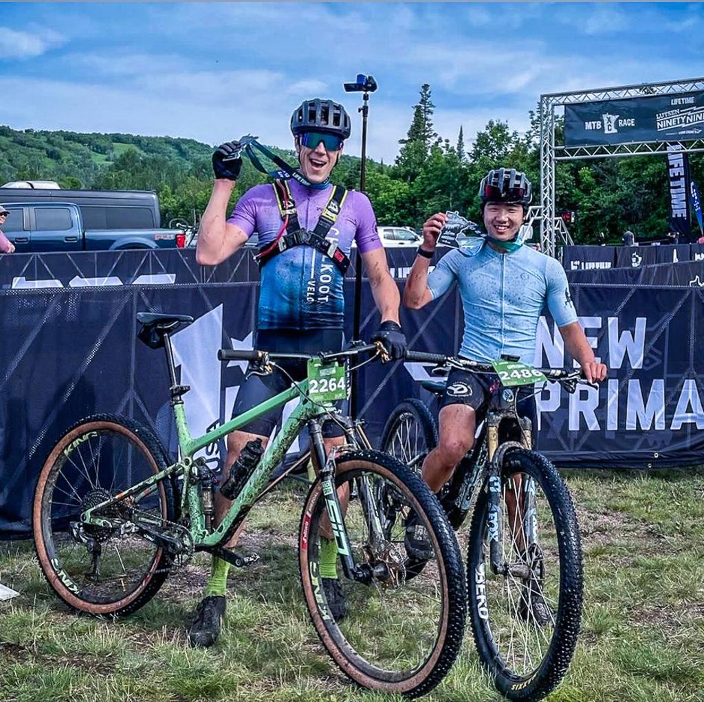 Minneapolis Roosevelt MTB rider Ben Tesch at the finish line of the Lutsen 99er with his 1st place medal