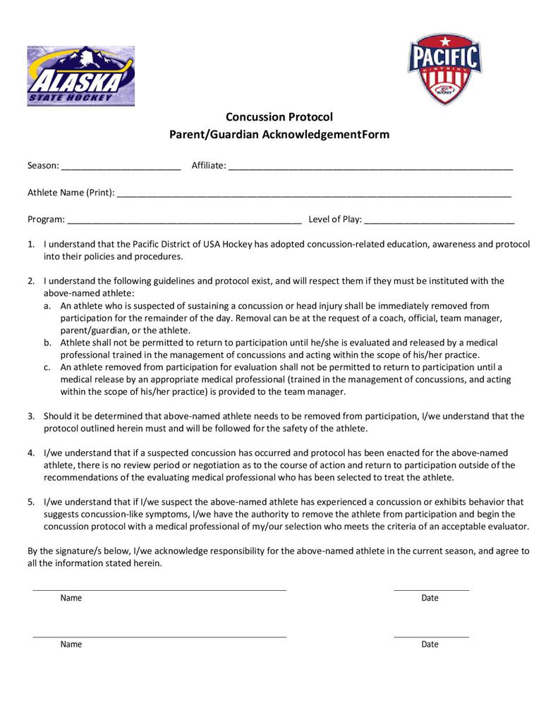 Pacific District - Concussion Protocol - Parent/Guardian Acknowledgement Form