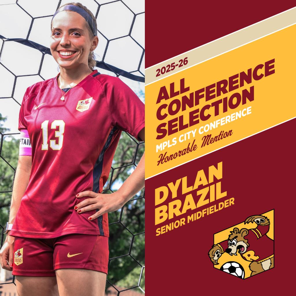 Image of Minneapolis Roosevelt High School Teddy Soccer player Dylan Brazil posing for the camera while holding a soccer ball. Graphic: 2025-26 All Conference Selection-Honorable Mention, Mpls City Conference, Dylan Brazil